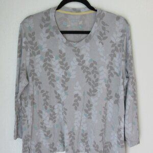 Gudrun Sjoden XL Gray & Blue Leaf Pattern Long Sleeve Pullover Pocket Top